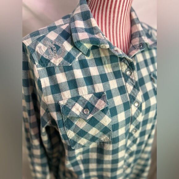 Western Flannel Shirt Embroidered Horseshoe Blue Pearl Snaps Bit & Bridle Sz XL - Picture 1 of 12